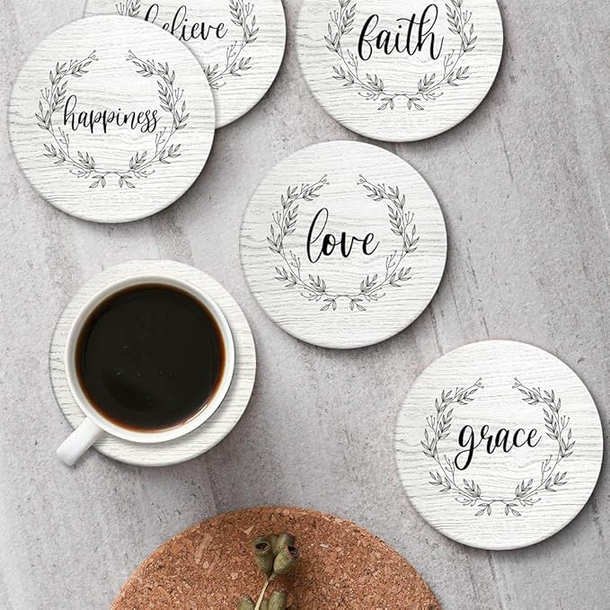 Britimes Coaster for Drinks Set of 6, White Wood Inspirational Love Wreath Absorbent Round Ceramic Stone Mat, with Cork Base and Metal Holder, Gift for Housewarming Room Bar Decor