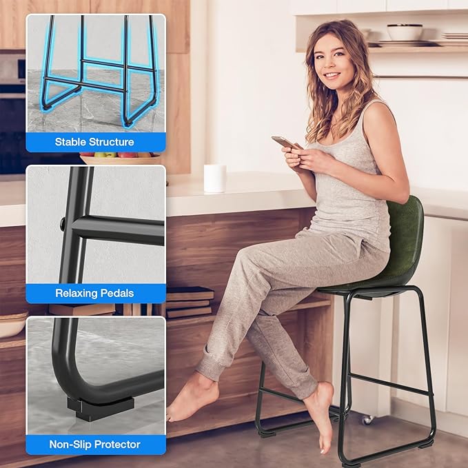 Rfiver Pu Faux Leather Bar Stools Set of 2, Industrial Pub Barstools with Back and Footrest, Modern Armless Bar Height Stool Chairs (Green, 24" Counter Chair x3)