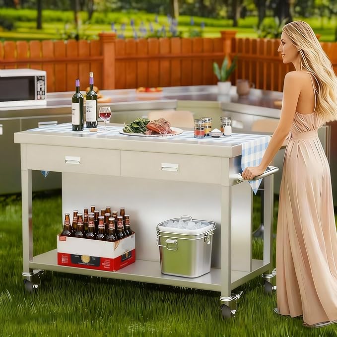Stainless Steel Kitchen Island with Storage, Rolling Kitchen Island Cart on Wheels, Industrial Kitchen Cart with 2 Drawers, Portable Island for Commercial Kitchen, Bar, Outdoor Patio, 25 x 50 x 37 in