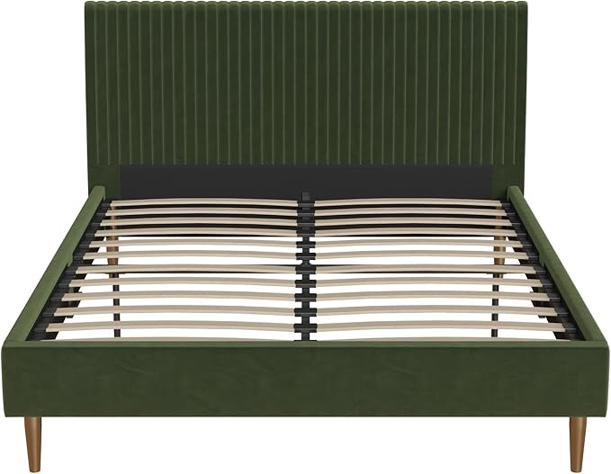 Mr. Kate Daphne Upholstered Bed with Vertical Channel Tufted Headboard, Full, Olive Green Velvet