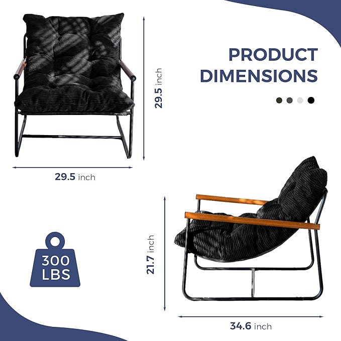 MAXYOYO Modern Accent Chair, Comfy Living Room Chair with Metal Frame Wooden Armrest, Upholstered Armchair with Soft Cushion for Bedroom Balcony Lounge Reading Room, Black