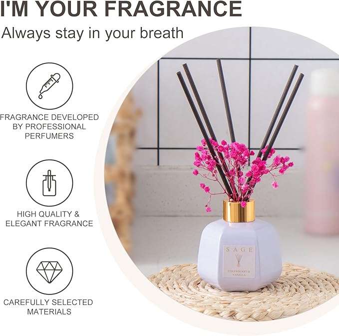 SAGE Hotel Reed Diffuser - Inspired by Ritz Carlton Hotel | 3.4oz Vanilla Strawberry Scent Diffusers for Home | Preserved Real Flower & Oil Diffuser Sticks | Nightstand or Bathroom Decor for Shelves
