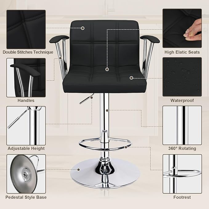 Bar Stools Set of 2,Armrest Adjustable Swivel Barstools with Back,Double Needle PU Leather Counter Height Bar Stools for Kitchen Island, Black