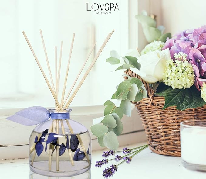 LOVSPA Reed Diffuser Set, DE-Stress Lavender Eucalyptus Scented Oil Diffuser with Sticks, Home Fragrance Accessories for Bathroom Shelf Decor, Aroma Diffusers for Home or Office Desk, USA Made