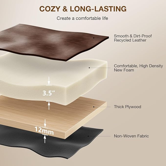 18-Inch Leather Vanity Stool Chair, Vanity Bench with Metal X-Leg, Ottoman Accent Stool with Thick Padded Saddle Seat, Dark Brown