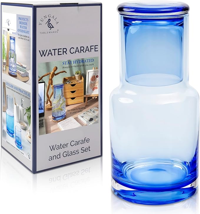 Bedside carafe and glass set, Ombre blue glass bedside carafe with glass that sits inside the carafe, drip free, modern design. 100% dishwasher safe.