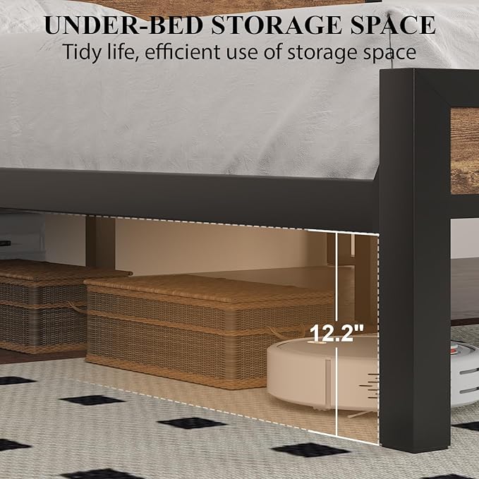 Full Size Bed Frame with Storage Headboard, Industrial Platform Bed with Charging Station and LED Lights, Heavy Duty Metal Slats, No Box Spring Need, Noise Free, Rustic Brown