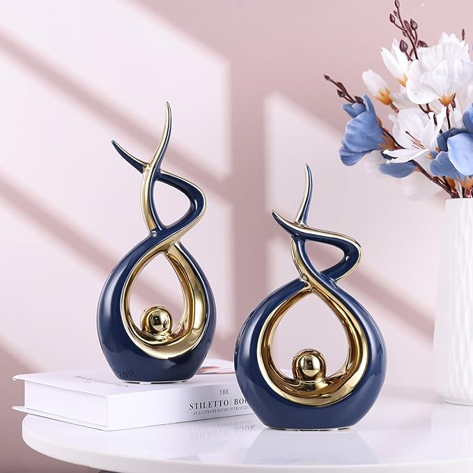 Gold Blue Modern Sculpture Table Decorations, Ceramic Knick Knacks Statues for Living Room Decor, Tv Stand and Desk Decor, Suitable for Coffee Tables and Shelf Decorations, Great Gift Idea