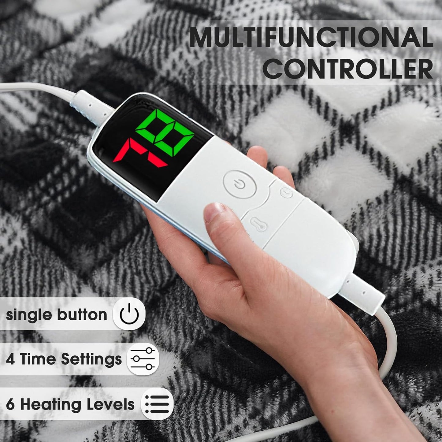 Heated Electric Blanket Queen Size, 84X90 Heating Blanket Queen with Dual Control&10 Heats Levels&Timer for Bed,Black Plaid Sherpa Large Blankets Warmer Gift for Grandma Women Adults, Washable,ETL