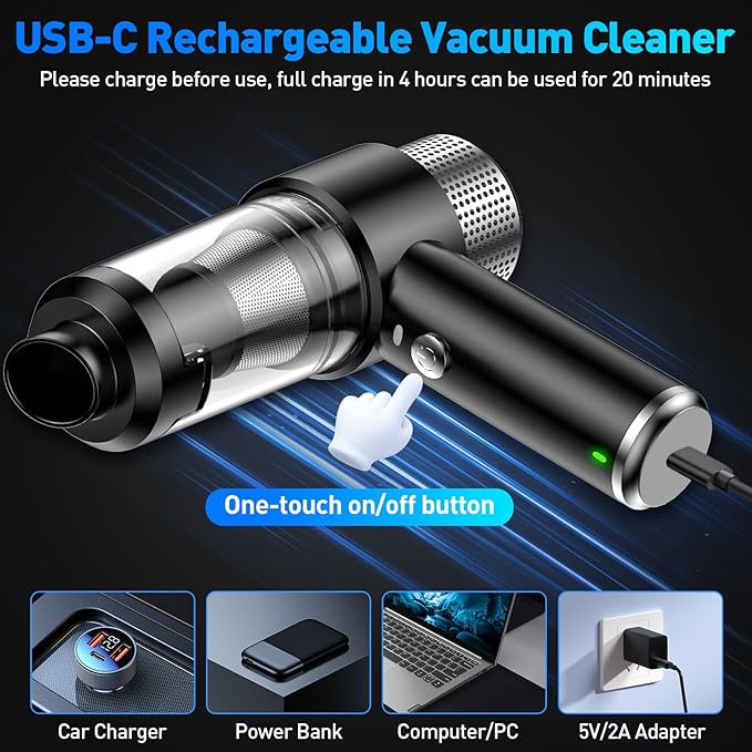 Mini Vacuum Cleaner, 16000PA Car Vacuum Cleaner Portable Cordless with LED Light, 4 in 1 Air Duster and Handheld Small Vacuum Rechargeable for Car, Home, Office, Pet（Black）