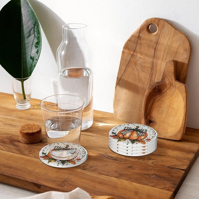 Autumn Bow Pumpkin Coasters for Drinks Fall Maple Leaves Absorbent Ceramic Coaster Set of 4 for Coffee Table Cup Bar Coasters with Cork Base Round Stone Mats Holiday New Home Decors