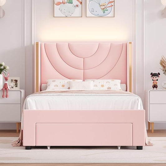 HITHOS Twin Upholstered LED Bed Frame with Storage Drawer, Velvet Kids Bed with Wingback Headboard, Princess Twin Platform Bed for Girls/Kids, Solid Wood Slats Support, No Box Spring Needed, Pink