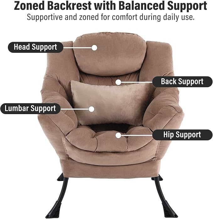 Lazy Chair with Ottoman, Modern Accent Chair with Lumbar Pillow, Comfy Chairs with Folding Footrest for Bedroom, Reading, Oversized Supportive Lounge Chairs(Velvet Khaki)