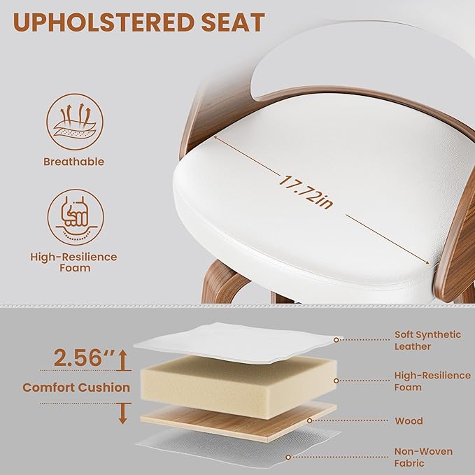 Bar Stools Set of 4, 26" Counter Height Barstools with Bentwood Legs, Swivel Counter Stools with Back, Mid Century Modern Faux Leather Upholstered Bar Chairs for Kitchen Island, White