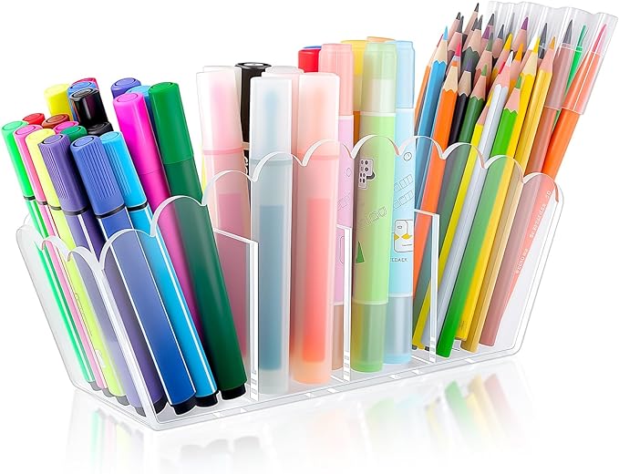 Scalloped Acrylic Pencil Holder – Clear Desk Organizer with 4 Compartments – Makeup Brush Holder & Remote Caddy for Office, Bathroom, Table – Party Accessory