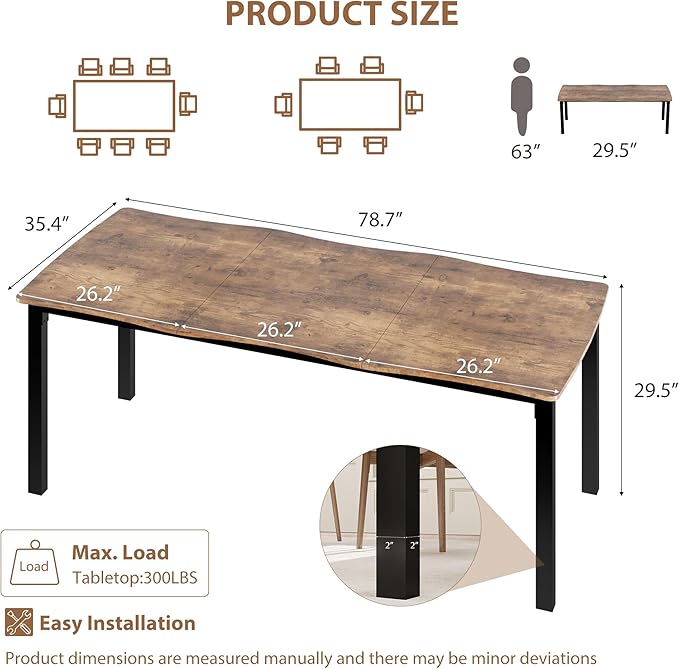 IDEALHOUSE 78.7”Dining Table with Wave Irregular Edge, 15mm Thick MDF Top & Metal Frame, for Kitchen, Quick Assembly, Wooden Kitchen Table for 6-8, Waterproof Scratch-Resistant, Retro Brown