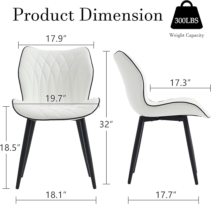 YOUNIKE Dining Chairs Set of 2, Upholstered Faux Leather Dining Room Chairs with Wide Curved Back and Adjustable Metal Legs, White