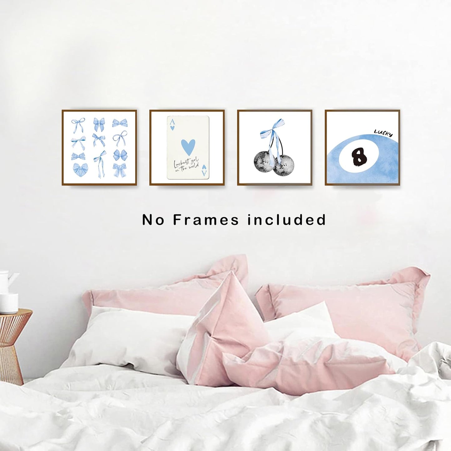 okaxscm Light Blue Coquette Trendy Preppy Wall Art Prints Set of 4, Coquette Preppy Room Decor, Blue Bow Disco 8 Ball Cherry Wall Decor Posters for Girls Bedroom Dorm, 10x10 Unframed