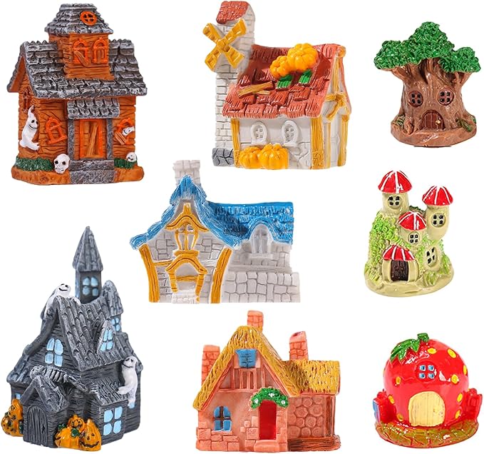 8 Piece Fairy Garden Accessories, Resin Tiny House for DIY Micro Landscapes, Miniature Figurines for Plant Pots, Mini Garden Outdoor Decor, Terrarium & Home Display