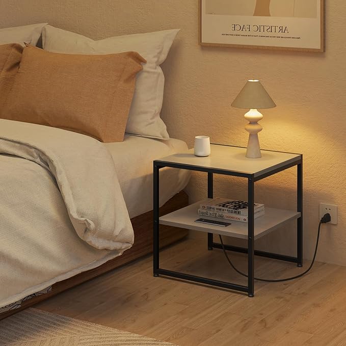 Tatub 20" End Table with Charging Station, Industrial Square Side Table with USB Ports & Outlets, Versatile 2-Tier Small Nightstand for Bedroom Living Room, White