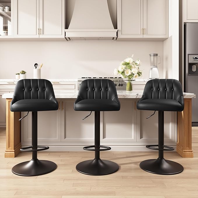 Bar Stools Set of 3, Swivel Bar Chairs, Modern Adjustable PU Leather Upholstered Barstools Counter Height with Tufted Back for Bar, Kitchen Counter Island, Dining Room, Black