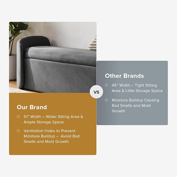 mopio Sophie 51" Ottoman Storage Bench, Entryway and Window Seating, End of Bed Curved Stool for King & Queen Bed, Storage Chest for Bedroom (Dark Gray Fabric)