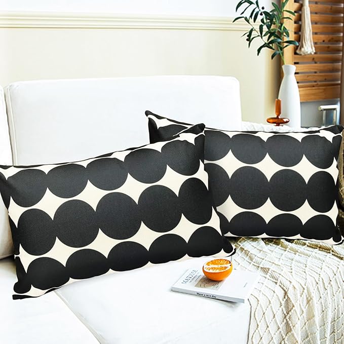 Decorative Throw Pillow Covers Set of 2 Black Fashion Polka dot Pillow Covers 12x20 Inch Throw Pillow Cover Linen Pillowcase Farmhouse Outdoor Pillow Covers for Couch Sofa Living Room