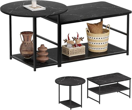 WOHOMO Coffee Table, Black Modern Coffee Tables for Living Room 2 in 1Detachable Small Center Table Set with Storage, Black Marble