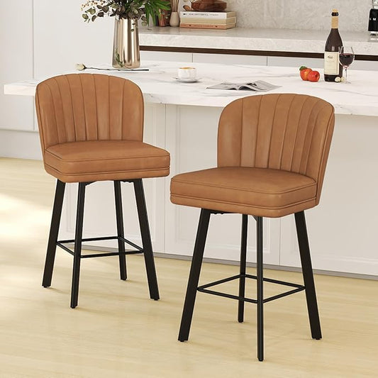 Swivel Counter Height Bar Stools Set of 2, 26'' Modern Barstools with Backs and Metal Legs, Upholstered Bar Chairs, Faux Leather Whiskey Brown Stools for Kitchen Island Chairs