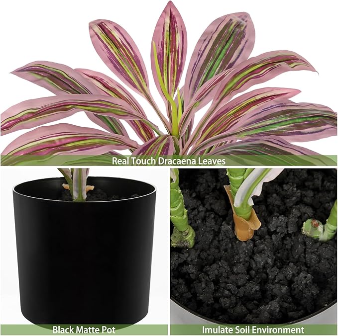 Artificial Plants Indoor with Pot, 19" Fake Potted Plants Medium Artificial Dracaena Plant in Black Pot Faux Tropical Plants for Bathroom Living Room Office Desk Shelf Decor