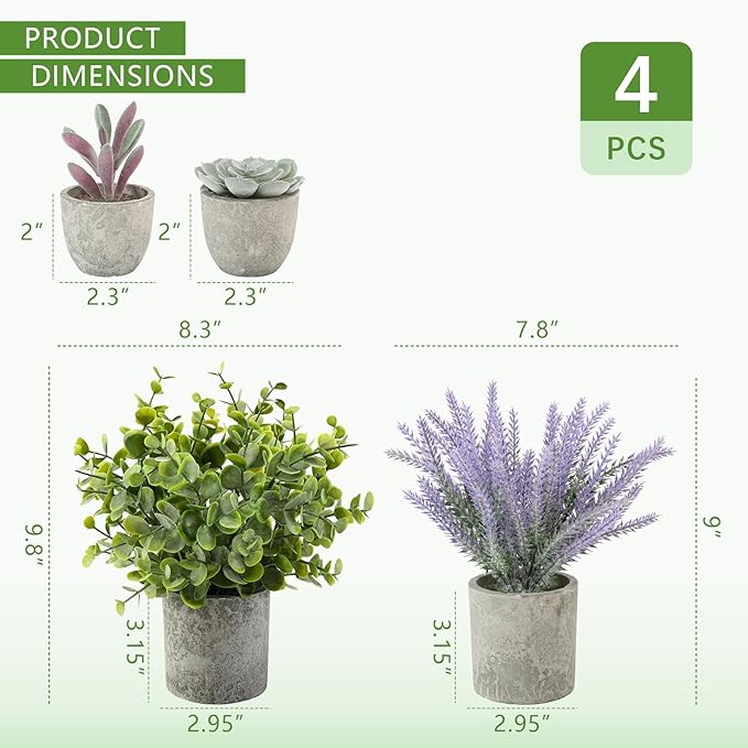 ALAGIRLS 4 Packs Fake Plants Small Artificial Plants for Shelf Lavender Flowers Eucalyptus Succulents Plants Potted Faux Plants for Home Indoor Office Bathroom Living Room Decor