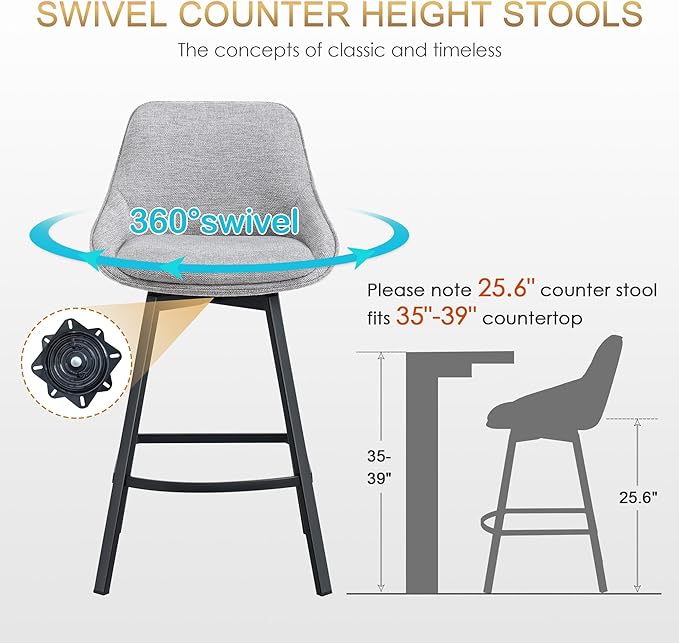 Zesthouse Swivel Bar Stools Set of 2, Modern Counter Height Barstools with Backs, 26'' Upholstered Linen Fabric High Chairs for Island Kitchen, Counter Height Chairs with Metal Legs, Grey