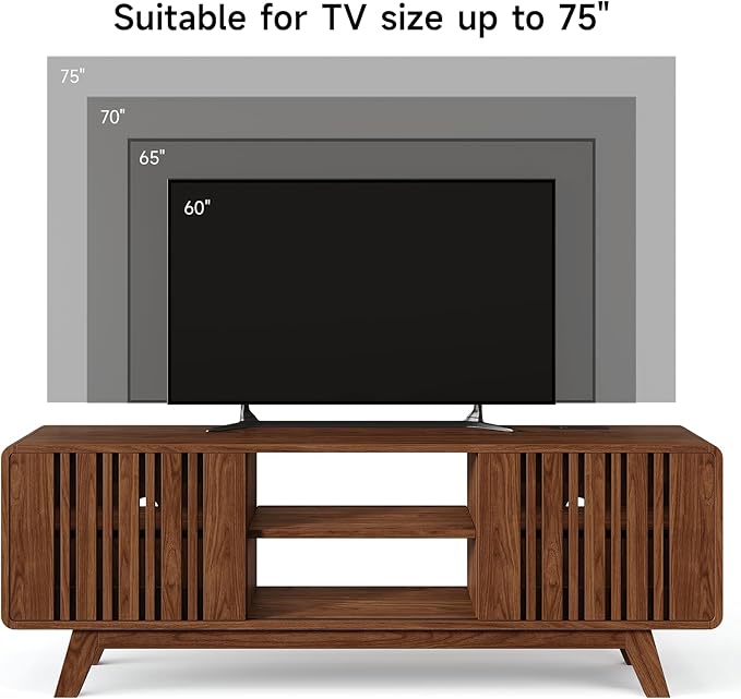 ONBRILL 63-Inch TV Stand for TVs up to 75 Inch, Mid-Century Modern Television Stand with Power Outlet, Entertainment Center with Sliding Grille Door Cabinets and Open Shelves for Living Room, Walnut