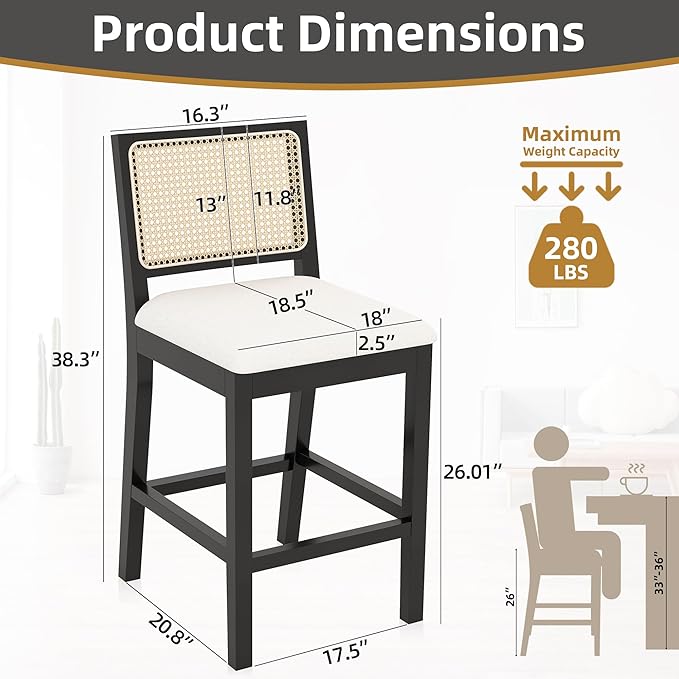 Westice Rattan Bar Stools Set of 2, 26" Farmhouse Counter Height Stools with Cane Back and Wood Frame, Upholstered Line Fabric Seat Cushion, Wooden Chairs for Kitchen Island/Pub, Black