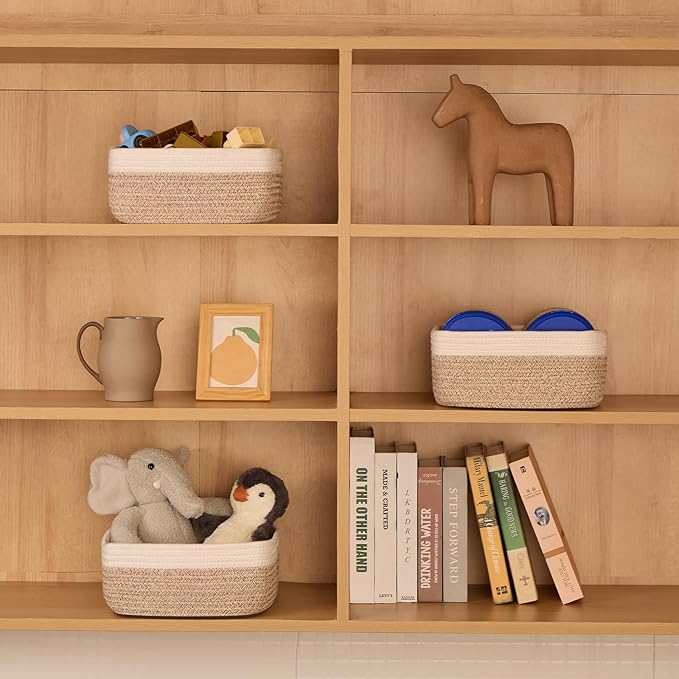 Small Square Shallow Baskets for Organizing, 9.7x9.7x4.3 Inch Rope Woven Storage Bins for Cubes Closet, Shelves Storage, Boho Decorative Basket, 2 Packs Off White Brown