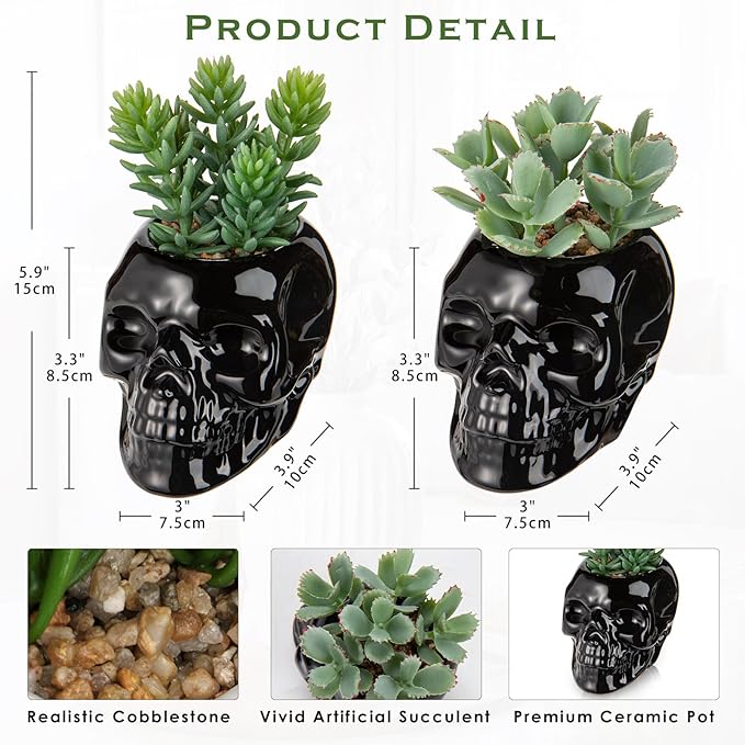Small Fake Succulents Plants Artificial Succulents in Pots Set of 2 Mini Succulent Plant Realistic Faux Plants Skull Artificial Succulent Plants for Home Office Table Bedroom Bathroom Shelf Decor