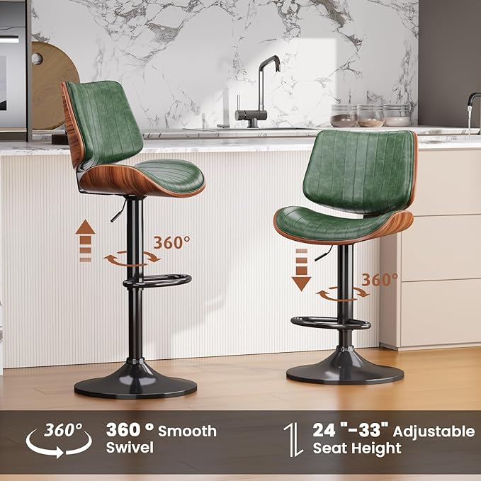 Swivel Bar Stools Set of 3, Adjustable Bentwood Barstools for Kitchen Counter, Modern PU Leather Upholstered Bar Chair with Back and Footrest, for Kitchen Island, Bar, Dining Room, Green