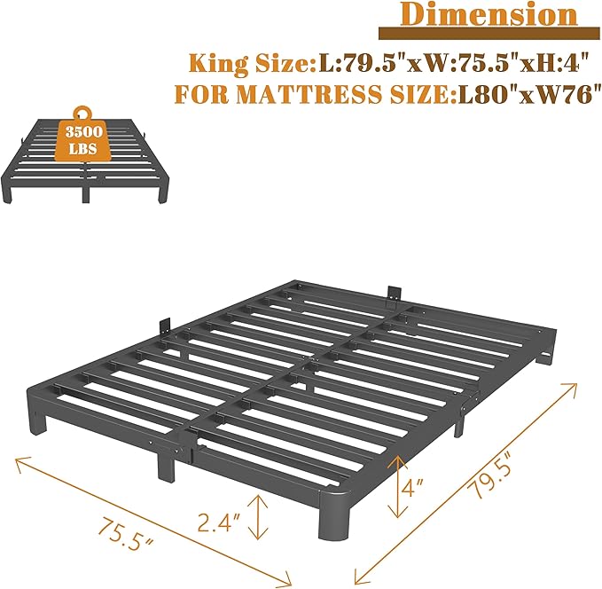 King Size Bed Frame 4 Inch Black, Metal King Bed Frame with Baffles, No Box Spring Needed, Heavy Duty Steel Platform Support, Rounded Corner Legs, Reserved Holes, Noise Free, Easy Assembly