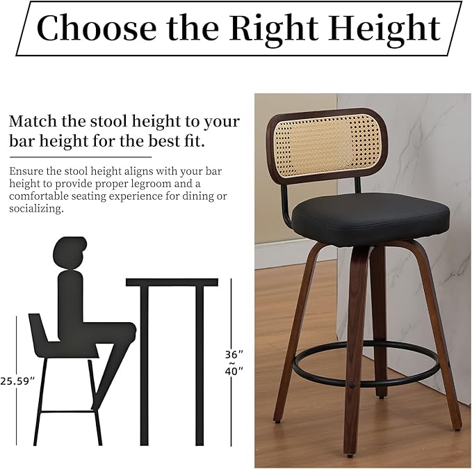 Swivel Counter Height Bar Stools Set of 2, 26 inch Bar Chairs with Curved Rattan Back, Upholstered PU Leather, Walnut Craftsmanship, Mid Century Modern Counter Stools for Kitchen Counter, Black