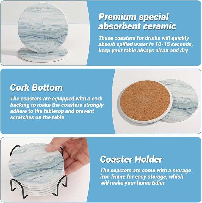 Acejoz Drink Coasters with Holder for Coffee Table, Absorbent Coasters Set of 6, Marble Style Ceramic Coaster for Wooden Table, Suitable for Kinds of Cups, Home Decor, 4 Inches(Blue)