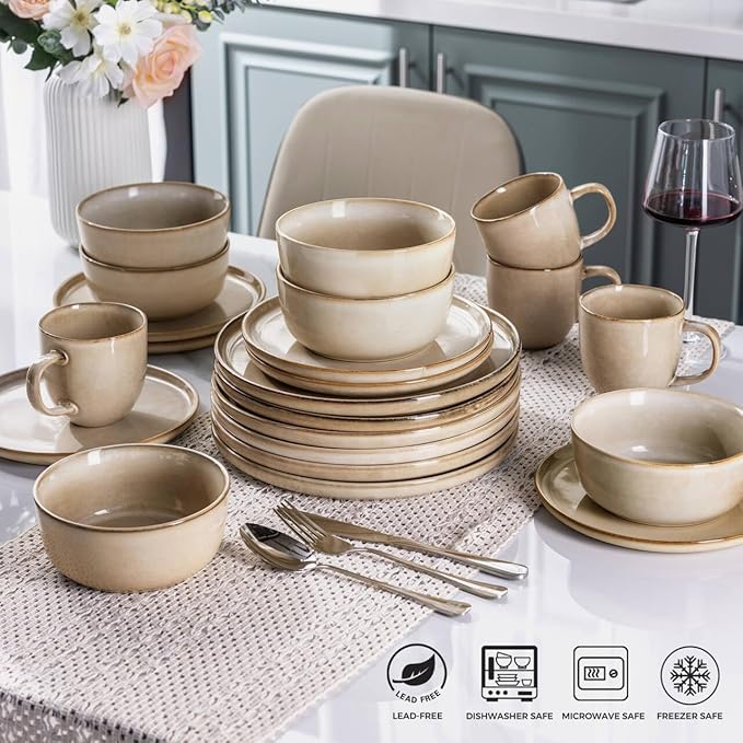 AmorArc Stoneware Dinnerware Sets,Round Reactive Glaze Ceramic Plates and Bowls Set,Highly Scratch Resistant | Dishwasher & Microwave Safe Dishes,Service for 6 (18pc)