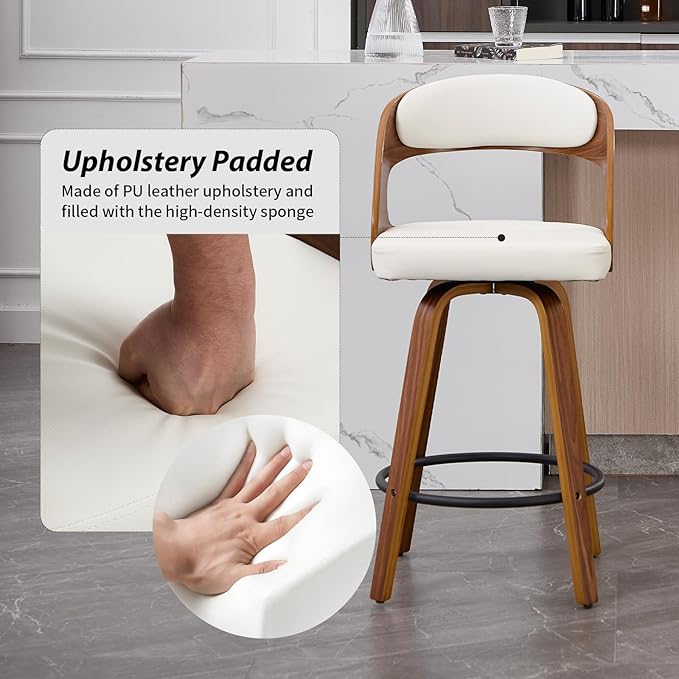 Swivel Bar Stools Set of 2, Walnut Counter Height Bar Stools with Back and Arms, 26" Modern Faux Leather Upholstered Bar Chairs with Bentwood Frame for Kitchen Island Bar - White