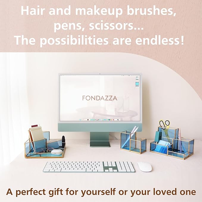 5-Compartment Desk Organizer for Home Office Supplies, Gold Brass with Blue Glass, Workspace Storage for Stationery, Cosmetic, Makeup Tools and Brush.