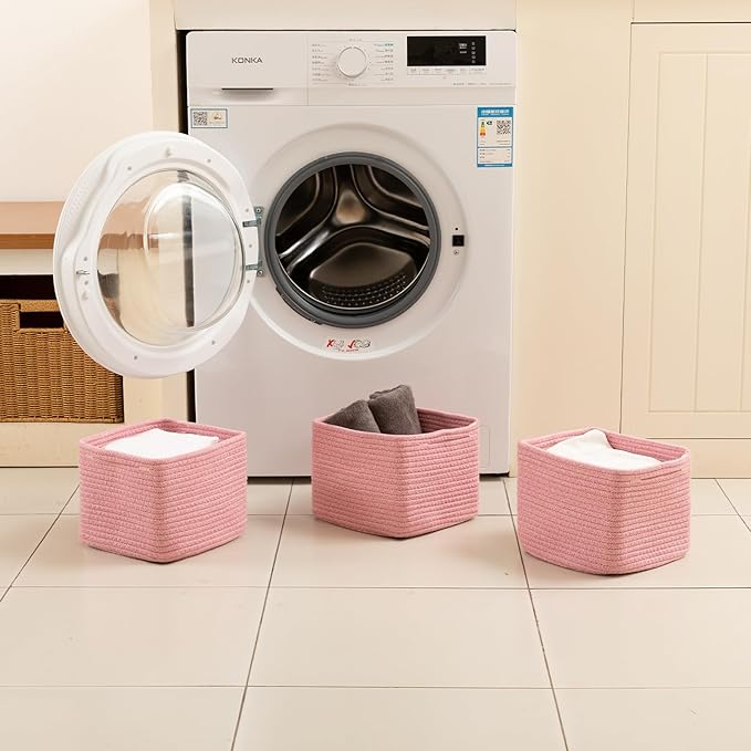 OIAHOMY 9”x9”x7” Storage Cubes, Cotton Rope Woven Baskets for Organizing, Cube Storage Bin, Small Gift Basket for Shelf, 3-Pack, Pink