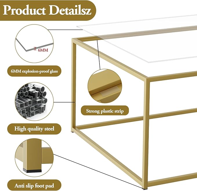 Glass Coffee Table, Small Square Coffee Table for Living Room,Simple Modern Center Tables for Small Spaces, Gold Living Room Tea Tables Easy Assembly,26 * 26in（Gold & Clear Glass）