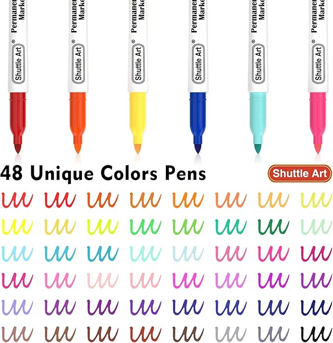 Shuttle Art Permanent Markers, 48 Colors Fine Point, Assorted Colors with Travel Case, Ideal for Adults Coloring Doodling on Plastic, Glass, Wood and Stone, Gift for Kids