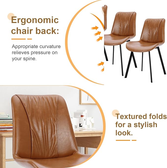 Upholstered Dining Chairs Set of 2, Modern Kitchen & Dining Room Chairs, Faux Leather, Sturdy Metal Legs, for Living Room, Cafe & Restaurant- Brown