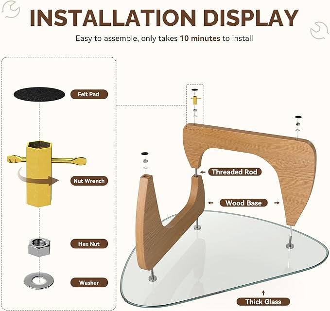 Modern Glass Coffee Table, Triangle Center Table with Tempered Glass Top& Unique Wooden Base, 31.5” Mid Century Tea Tables for Living Room, Apartment, Office,Wood &Transparent