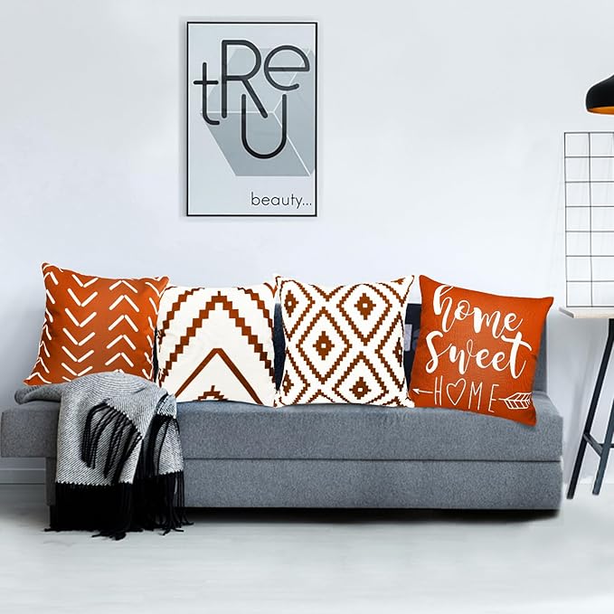 Decorative Throw Pillow Covers Set of 4 Orange Pillow Covers 20x20 inch Throw Pillow Cases Linen Square Pillow Case,Farmhouse Outdoor Modern Geometric Pillow Covers for Couch Sofa Living Room