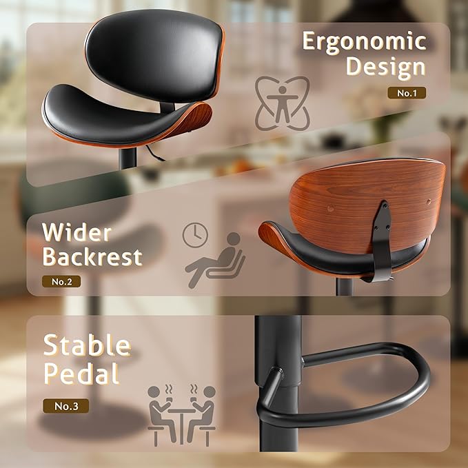 Bar Stools Set of 4 Adjustable Swivel Bentwood Barstools PU Leather Modern Bar Chairs with Back & Footrest for Bar, Kitchen Island, Dining Room (Black, Set of 4)